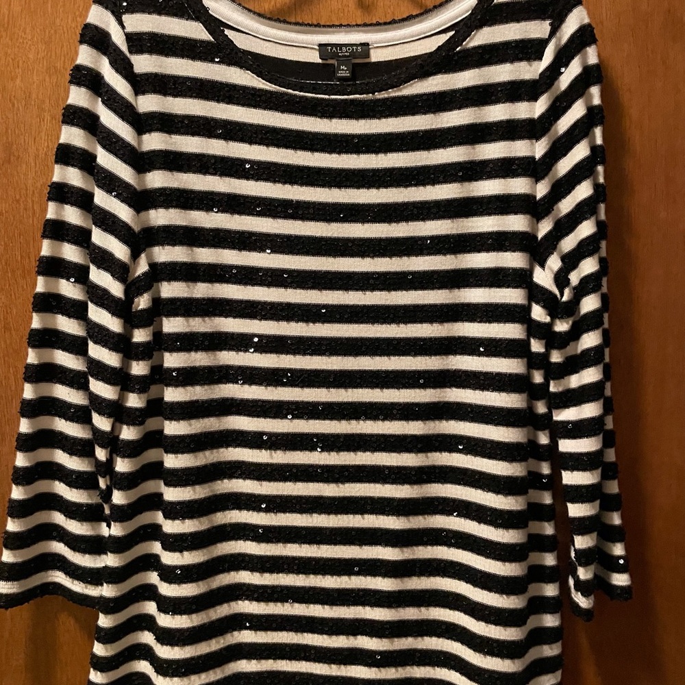 Talbots Cream and Black Stripped Top with Sequins